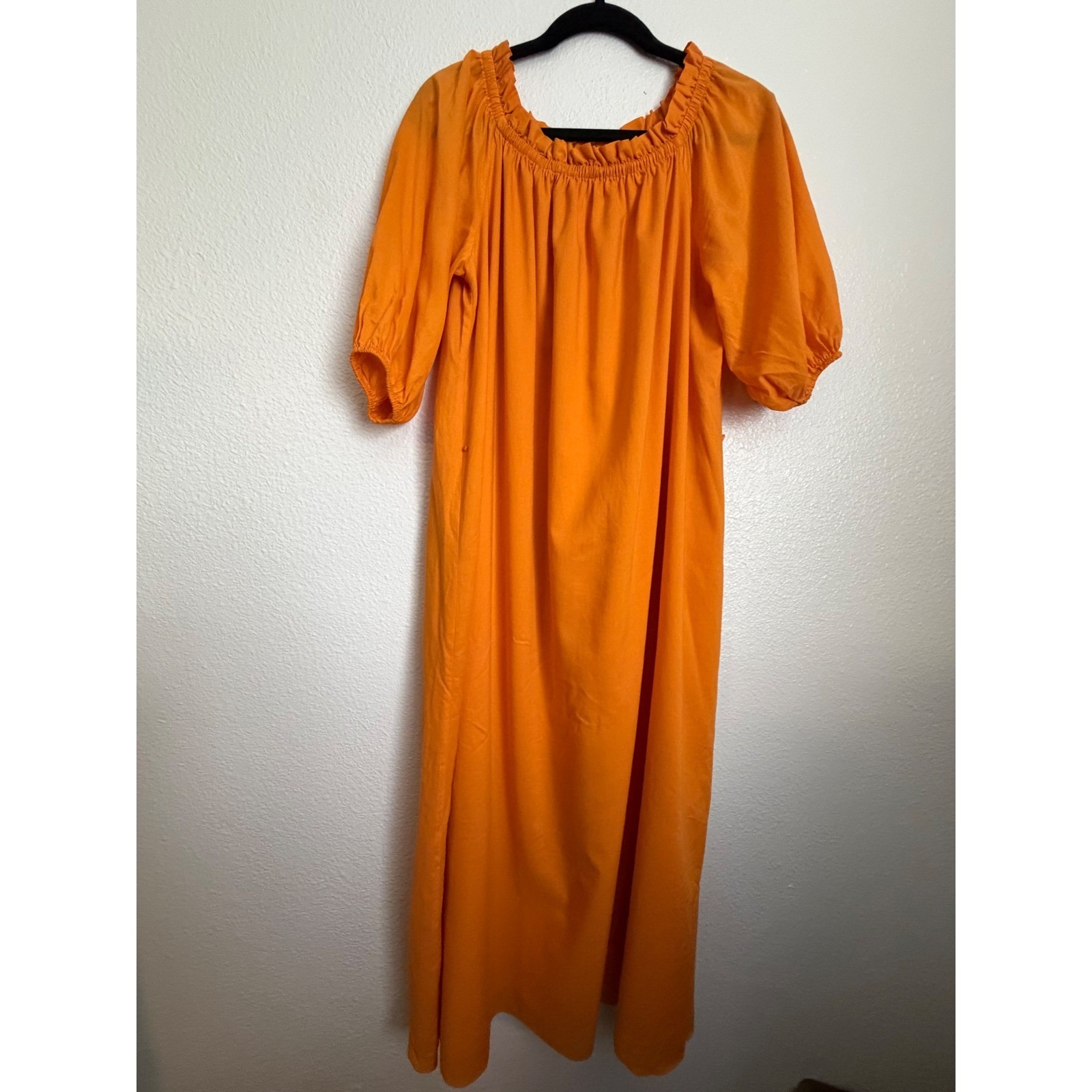 Ann Taylor Orange Lyocell Cotton Puff Sleeve Ruffle Neck Maxi Dress Small